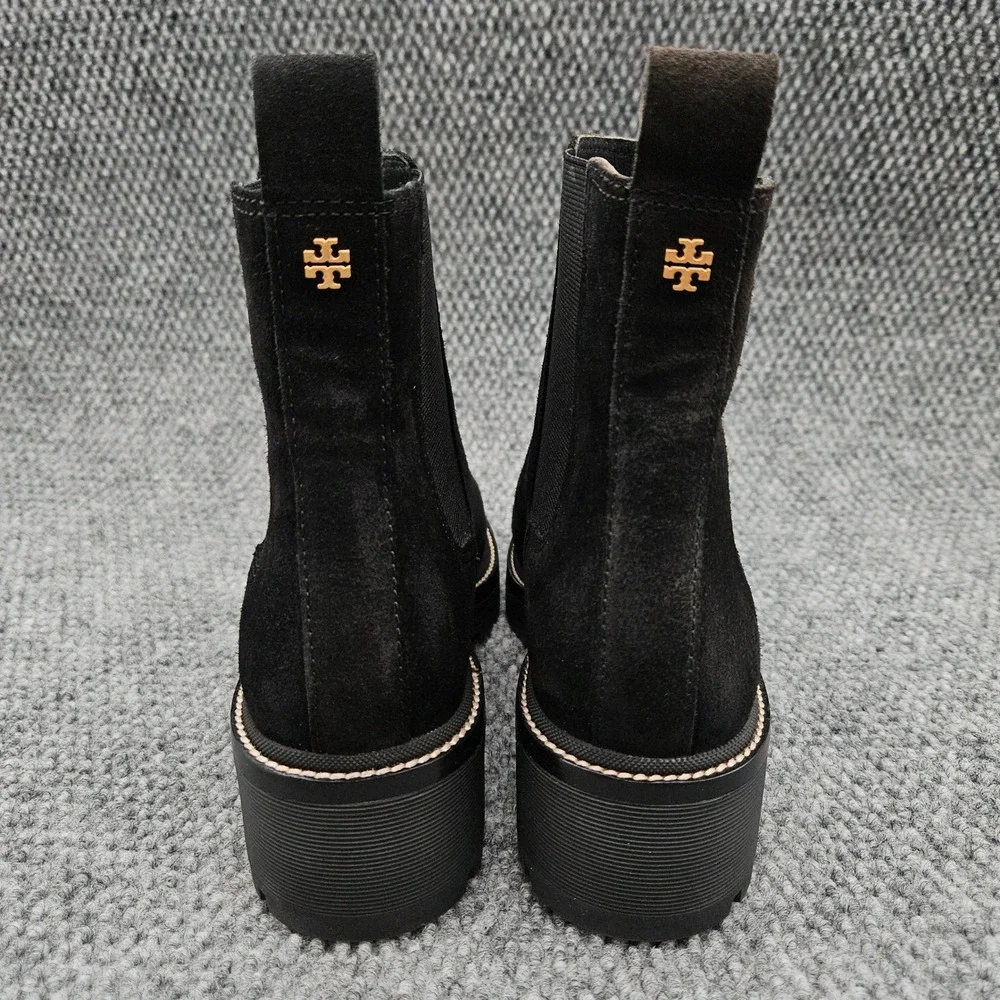 Tory Burch (Women's 10) Black Chelsea Pull On Boots Lug Sole Suede Designer 50mm